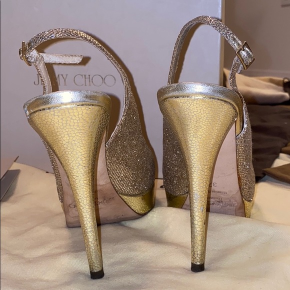 Jimmy Choo Gold Glitter Open toe sling back heels - Picture 3 of 6